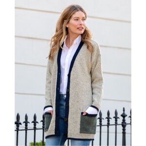 Celtic & Co. Wool Boyfriend Cardigan Gray Navy Colorblock Knit Sweater XS